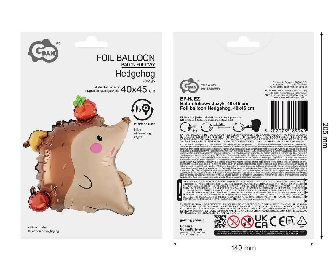 Foil balloon Hedgehog, 40x45 cm